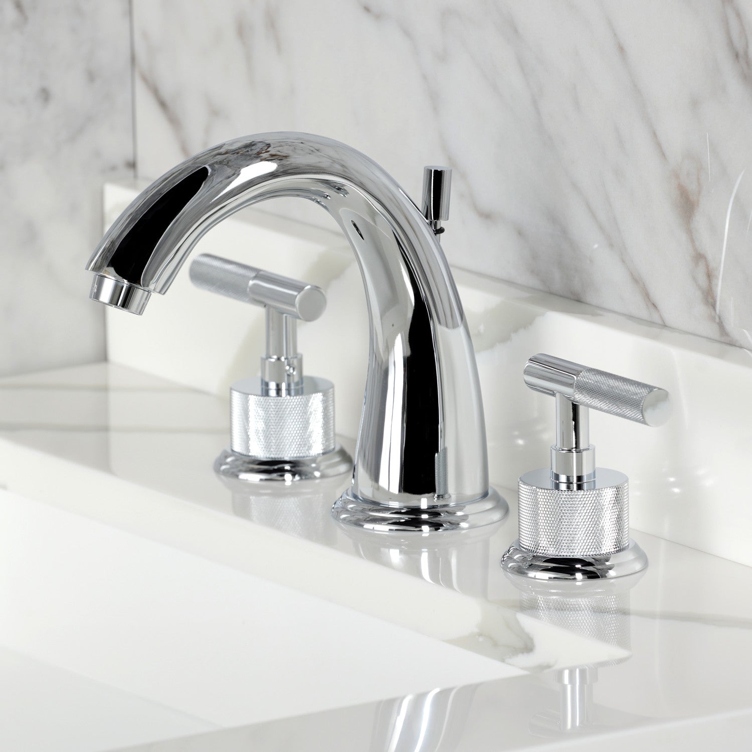 Kingston Tulare KS2961KNL - Convergent Two-Handle 3-Hole Deck Mount Widespread Bathroom Faucet with Knurled Handle and Brass Pop-Up, Polished Chrome — thumbnail 2